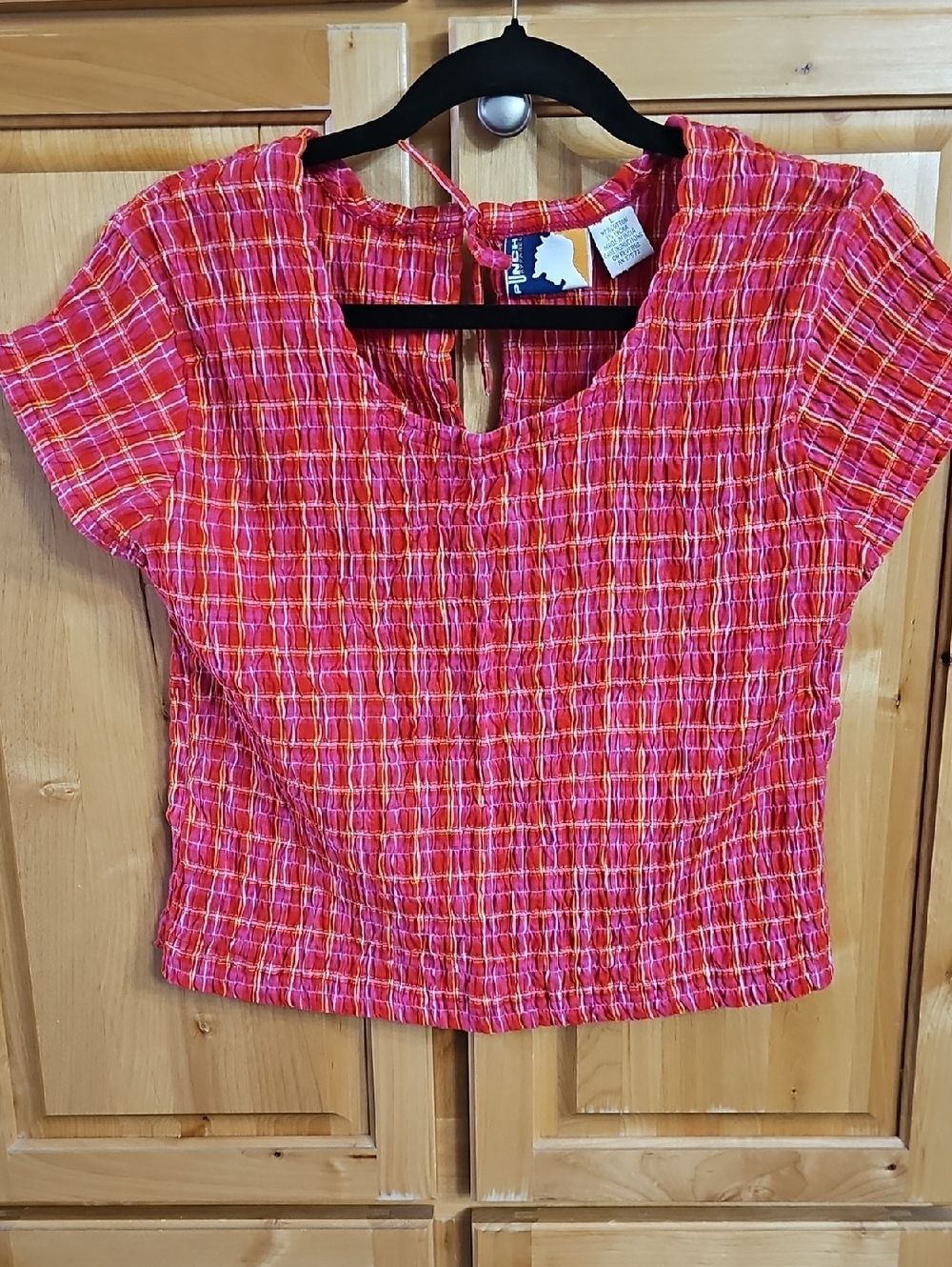 Women’s Pink Red Plaid Short Sleeve Crop Top